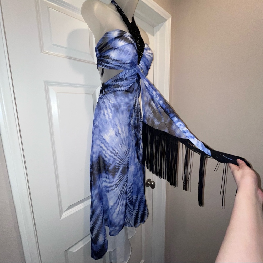 Bebe Bohemian Luxe Tie Dye Fringe Crochet Cut Out High Low Dress Blue Black Boho - Picture 2 of 16